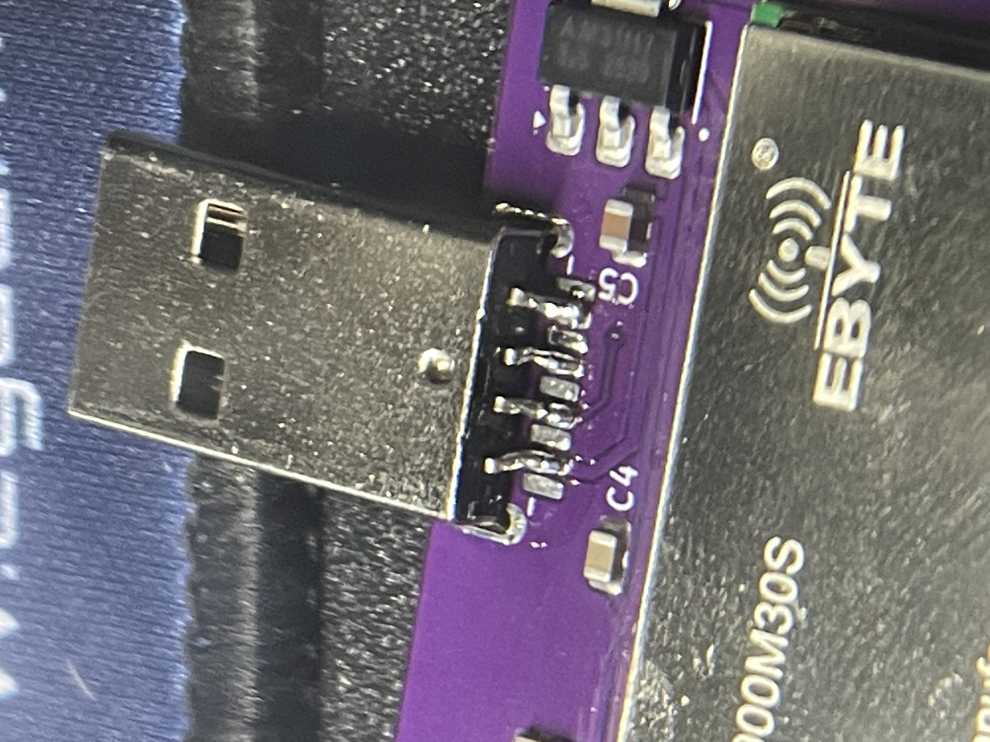MIA PCB close-up — USB connector and E22 radio module